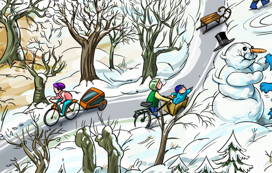 Comicbild mit Winterlandschaft und Radfahrenden
