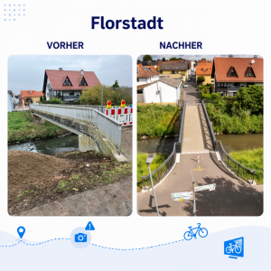 Die Abbildung zeigt einen Vorher-Nachher-Vergleich des Niddastegs in Florstadt