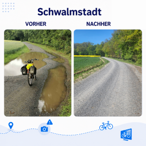 Die Abbildung zeigt einen Vorher-Nachher-Vergleich eines Radwegs in Schwalmstadt