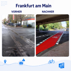 Die Abbildung zeigt einen Vorher-Nachher-Vergleich einer Wegekreuzung in Frankfurt am Main