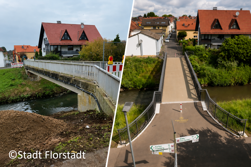Bild Blog Copyright Vorher/Nachher-Bild, dass die Umsetzung einer verbesserten Radverkehrsführung über den Niddasteg in Florstadt zeigt